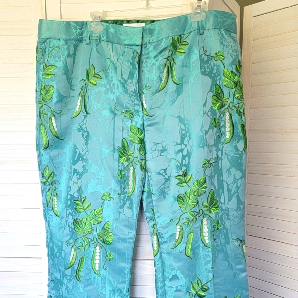 Iris Apfel x H&M 100 Year collaboration, blue/green jacquard pants, size 20